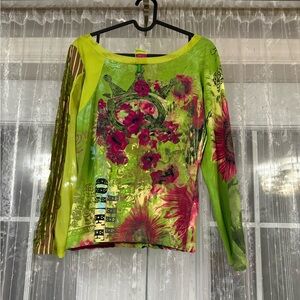 Save The Queen Vibrant Green and Pink Long Sleeve Top